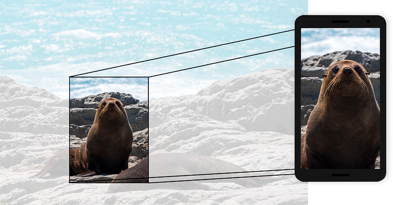 When zooming in on a picture, only the relevant area is downloaded in full quality.